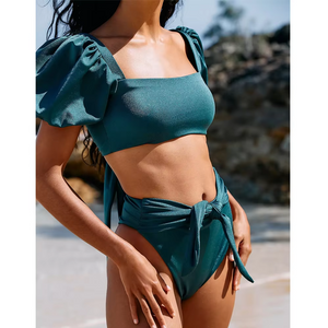 Design des deux pièces de maillot de bain de la mode à manches à bulles de mode de bain de couleurs solides Bikini