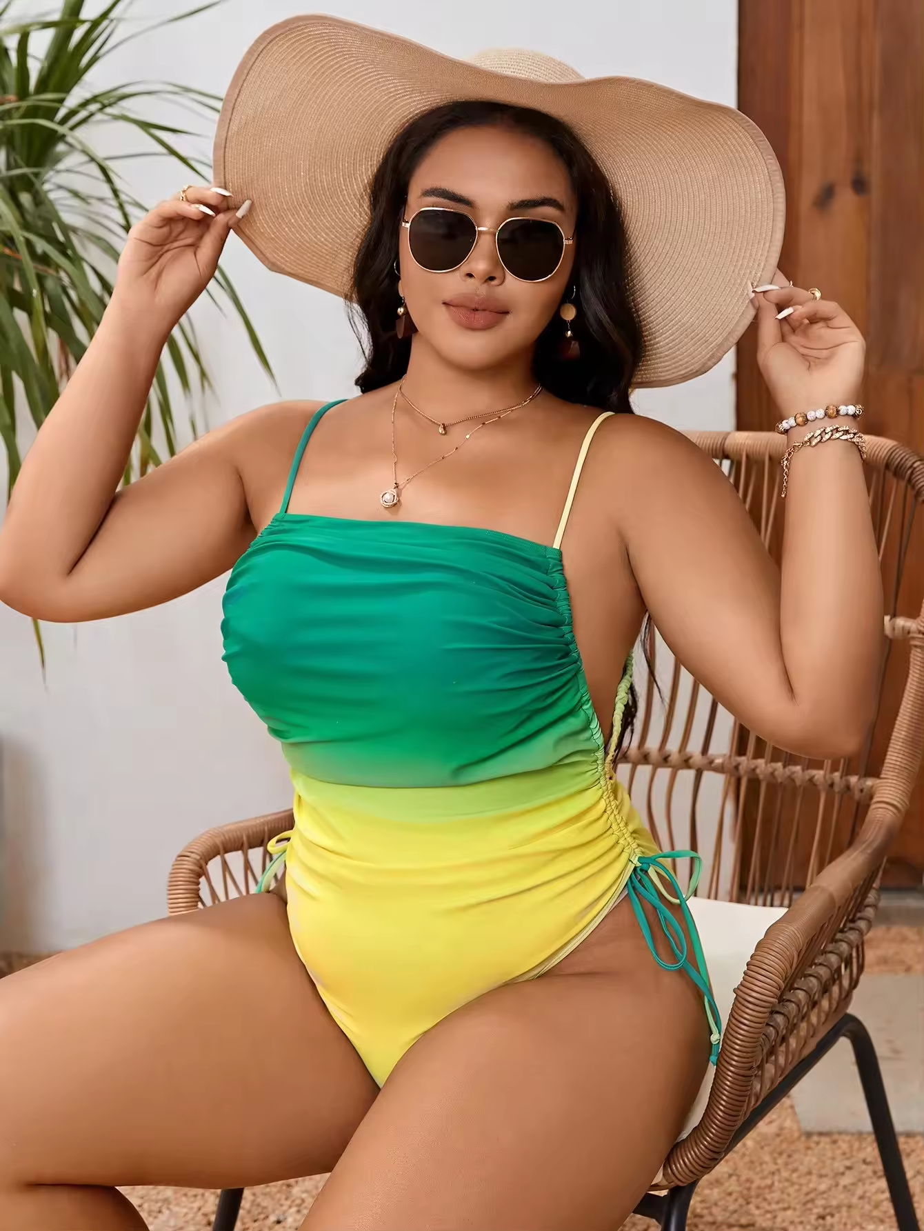 Grande pièce de maillot de bain un gradient de bain imprimé latérale à lacets de bain haute de secours